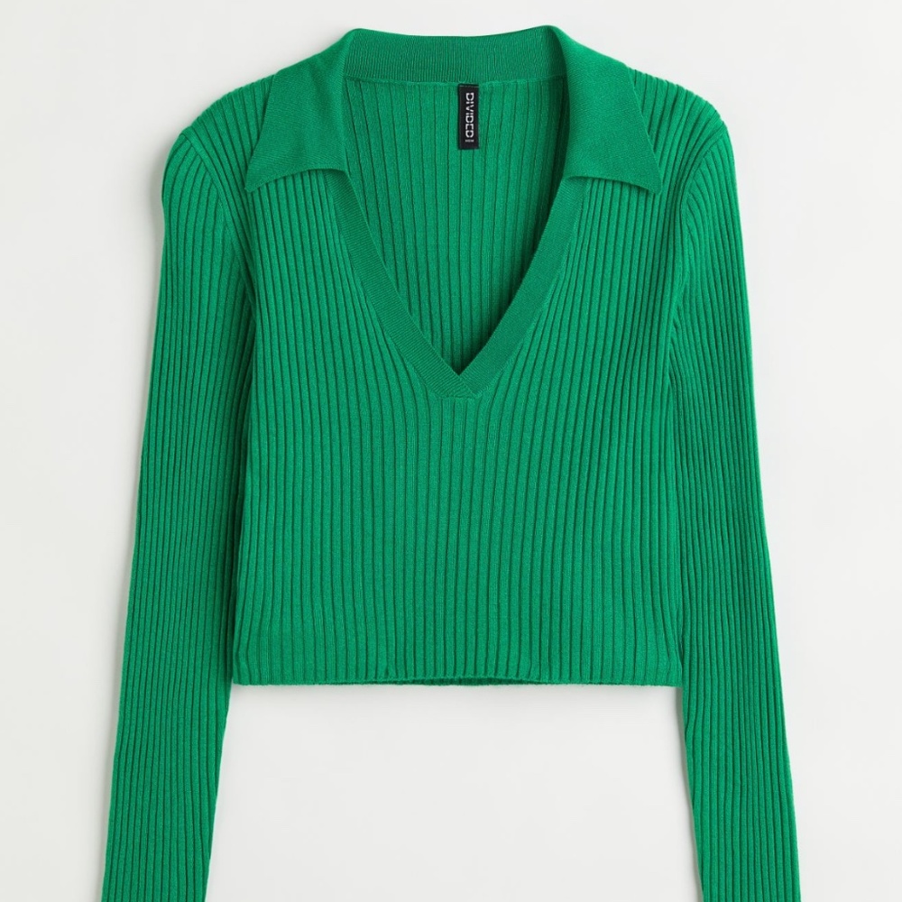 H&M Collared Rib Knit Top, Green, NWT, M